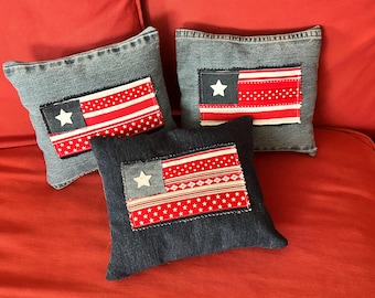 Patriotic Throw Pillow - Repurposed 4th of July Decor - Denim pillow American Flag Farmhouse Style July 4th Ribbon Flag Red White Blue Star