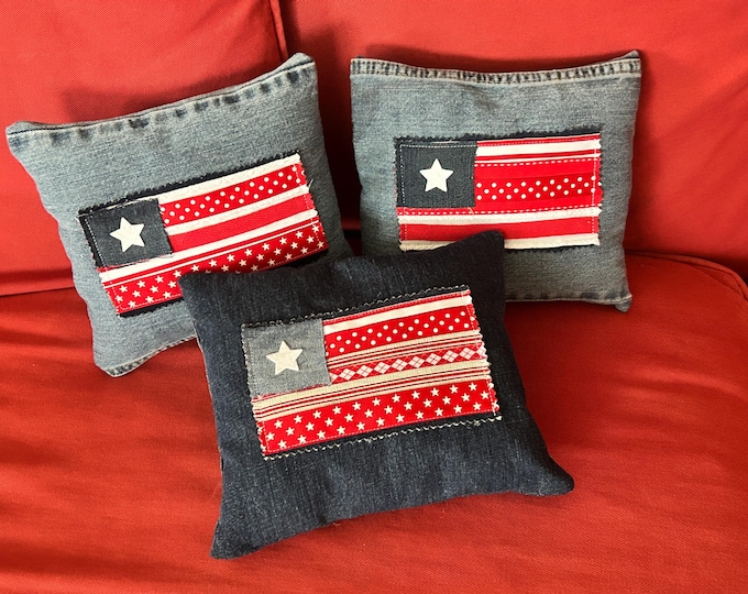 Patriotic Throw Pillow - Repurposed 4th of July Decor - Denim pillow American Flag Farmhouse Style July 4th Ribbon Flag Red White Blue Star