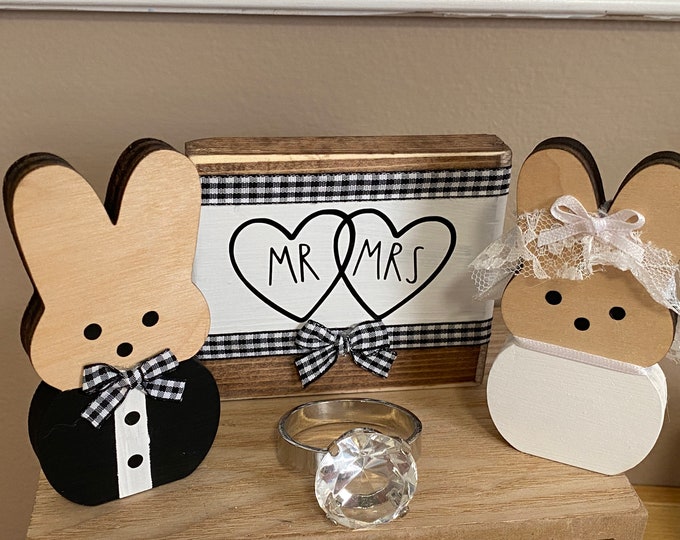 Mr and Mrs wood sign wedding set bride and groom wood bunnies RAE DUNN font tiered tray decor marshmallow bunny couple bridal shower gift