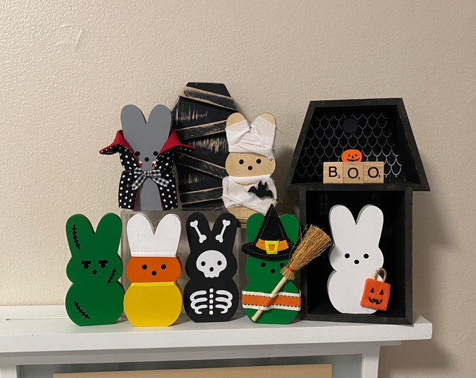 Halloween Wood Bunnies Fall Seasonal Tiered Tray Decor Dracula Frankenstein Ghost Witch Skeleton Mummy Coffin Candy Corn 4” Bunny