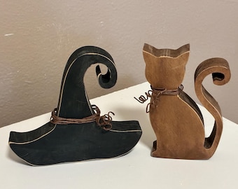 Witch Hat and Wood Cat - 2 Piece Fall Tiered Tray Decor Set Wooden - Black or Oak Finish - Vine Wire Collar Cute Spooky Farmhouse Halloween