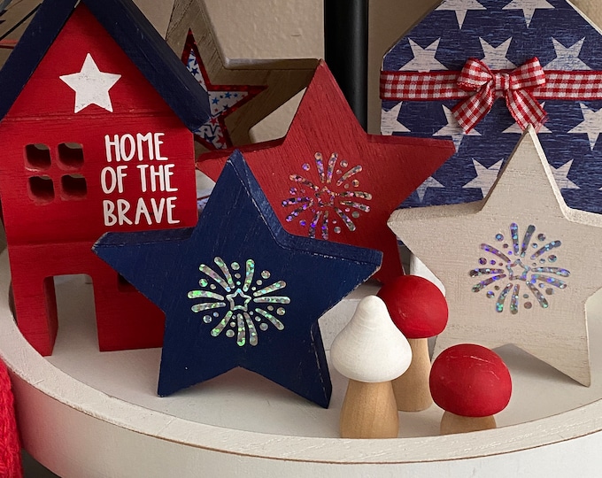 Patriotic Tiered Tray Set of 3 Red White and Blue Wood Stars - Standing Wood Stars with Fireworks 4th of July Tiered Tray Decor Summer Decor