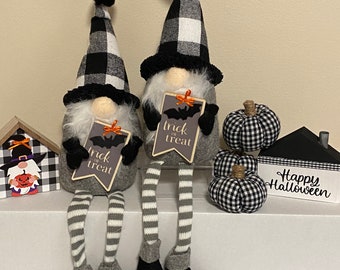Fall Gnome - Sitting Gnome with Legs - Halloween Gnome - Trick or Treat Gnome Fall Decor - Farmhouse Style Black and White Checkered Buffalo