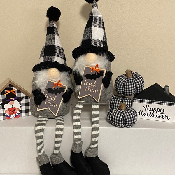 Fall Gnome - Sitting Gnome with Legs - Halloween Gnome - Trick or Treat Gnome Fall Decor - Farmhouse Style Black and White Checkered Buffalo