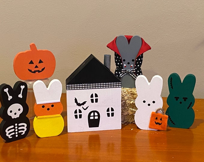 Halloween Tiered Tray Bundle - Wood Bunnies - Halloween Wood Bunny Cutout - Spooky House - Skeleton Dracula Fall Tray Decor