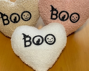 Cute Halloween Heart Pillow 6" mini sherpa heart pillow BOO Choice of White Beige Pink Black Shimmer Pumpkin Cat Soft Tiered Tray Decor