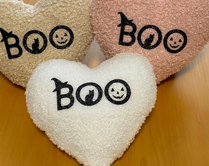 Cute Halloween Heart Pillow 6" mini sherpa heart pillow BOO Choice of White Beige Pink Black Shimmer Pumpkin Cat Soft Tiered Tray Decor