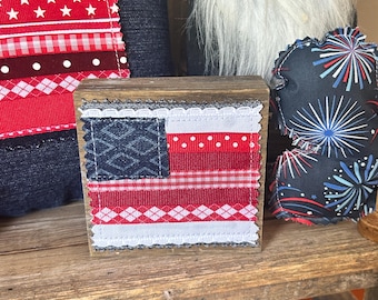 American Rag Flag Wood Block Sign America 250 Denim Ribbon Memorial Day July 4th Tiered Tray Stars & Stripes Patriotic Decor Red White Blue