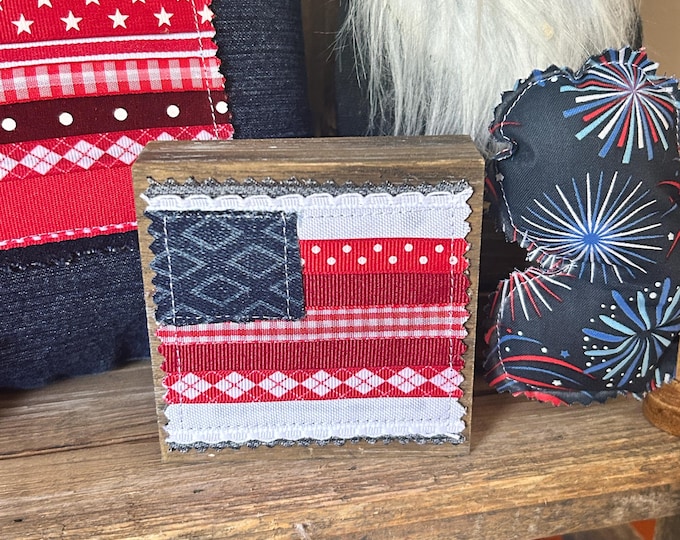 American Rag Flag Wood Block Sign America 250 Denim Ribbon Memorial Day July 4th Tiered Tray Stars & Stripes Patriotic Decor Red White Blue