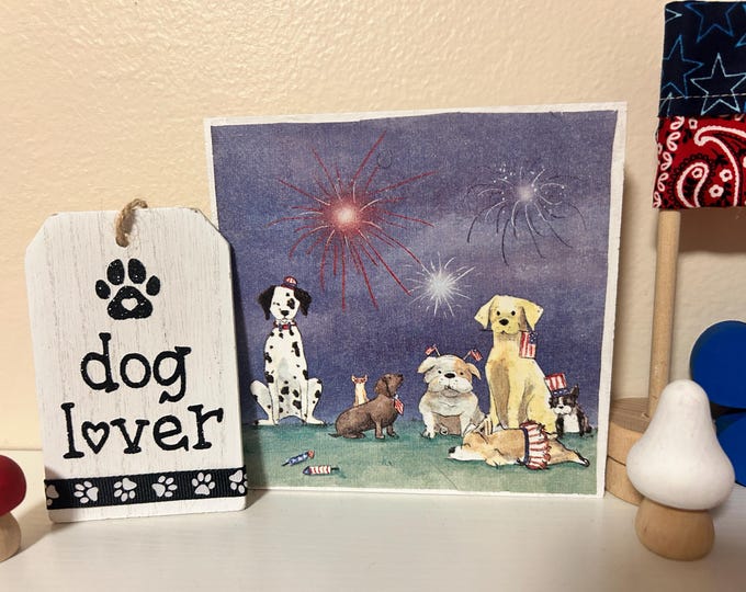 Dog Days of Summer - Dog Lover Summer Wood Sign for tiered tray 4th of July Decoration July 4th  Patriotic Decor Red White Blue + Doggie Tag