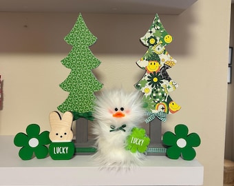 Lucky Duckie Frazzled DUCK duckling standing Tiered Tray Spring St Patty's Day gift White Faux Fur Green Shamrock St Patrick's Day Decor