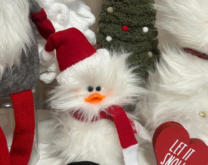 Santa Claus Frazzled DUCK duckling standing Tiered Tray Holiday Decor gift White Faux Fur Christmas Duckling Frazzled Duckling + Santa Hat