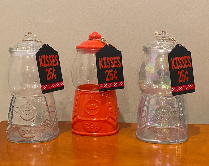 Glass Gumball Jar Machine With Wood Tag Valentine's Day KISSES 25 Cookie Canister Seal Tight Lid Gum Ball Decor Holder Storage Kitchen
