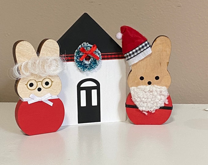 Santa and Mrs Claus Wood Bunny and Wooden House Set - Christmas Tiered Tray Decor - Santa 4" Wood Bunny - Set of 3 Items - 5" Wood House