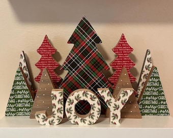 JOY Wood Letters - 3" Standing Wooden 3 Piece Set - Holly Decor - Tiered Tray Christmas Decorations Berry Leaves seasonal decorations blocks