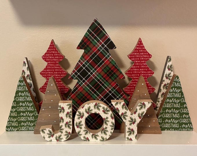 JOY Wood Letters - 3" Standing Wooden 3 Piece Set - Holly Decor - Tiered Tray Christmas Decorations Berry Leaves seasonal decorations blocks