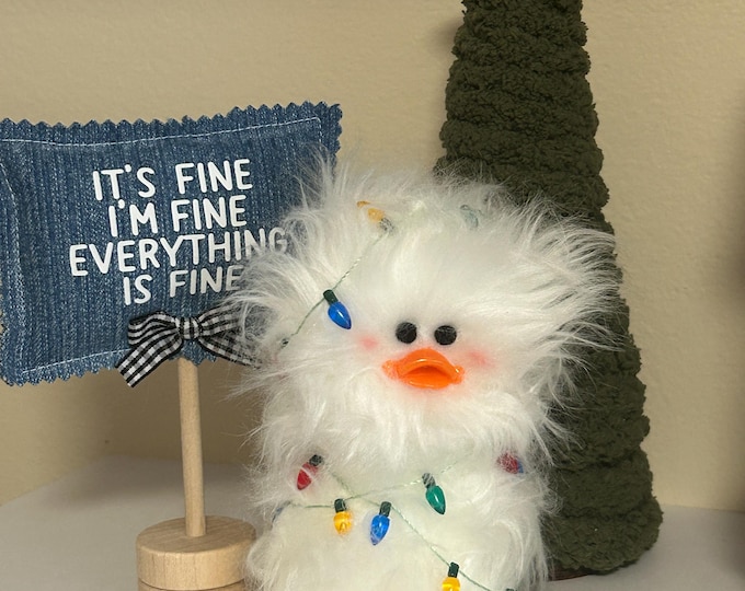 Frazzled DUCK duckling Tangled In Christmas String Lights Tiered Tray spring decor I’m Fine It’s Fine Everything Is Fine gift White Faux Fur