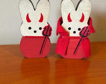 Devil Bunny with Trident - 4” Halloween Wood Bunny - Little Devil + optional Cape Fall Seasonal Tiered Tray Decor devilish bunny pitchfork