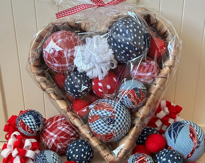 Patriotic Bowl Filler Fabric Wrapped Balls Stars and Stripes Summer July 4th Patchwork Red White and Blue Decor Tiered Tray Decorations
