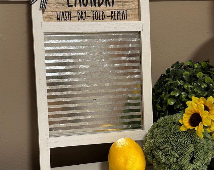 Laundry Room Decor -White Washboard Sign - wash dry fold repeat - farmhouse style decor - Buffalo checkered ribbon -Rae Dunn Font wood Metal