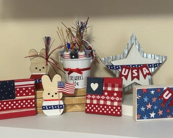 4th of July Decor - Patriotic Decor Scrap Flag wood tile Summer Tiered Tray - July 4th Ribbon Fabric Leaning Square Red White and Blue