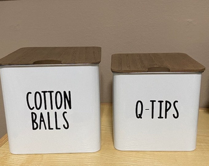COTTON BALLS and Q-TIPS Containers Set of 2 White Stackable Bins, bathroom storage, bathroom decor, organizers Rae Dunn Font farmhouse style