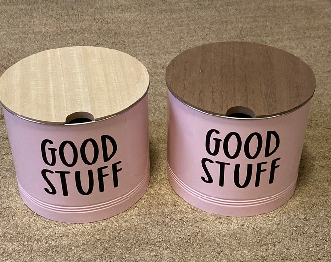 Pink Metal Container - GOOD STUFF Bin Jar With Wood Lid Storage Container with Wood top choice of light or dark Pink Metal Bin candy jar