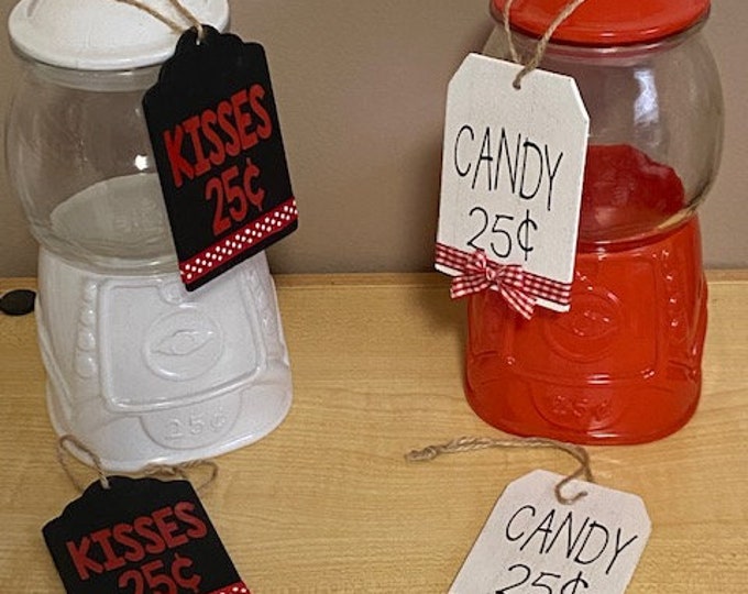 Valentine's Day Gumball Machine Glass Canister with Wood Tag Your Choice Candy Jar KISSES Gum Ball WHITE RED Shelf Sitter Kitchen Decor