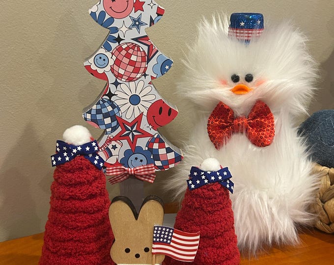 Patriotic Tree: Red White and Blue - Gray Base, 12" Whimsical Tree July 4th Decor Cute Disco Smiley Face Fourth of July Decoration