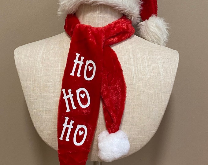 Santa scarf with Bells red soft fuzzy Christmas accessory jingle red white
