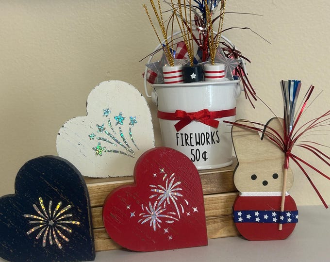 Patriotic Tiered Tray Set of 3 Red White and Blue Wood Hearts Standing Wood Hearts with Fireworks 4th of July Tiered Tray Decor Summer Decor