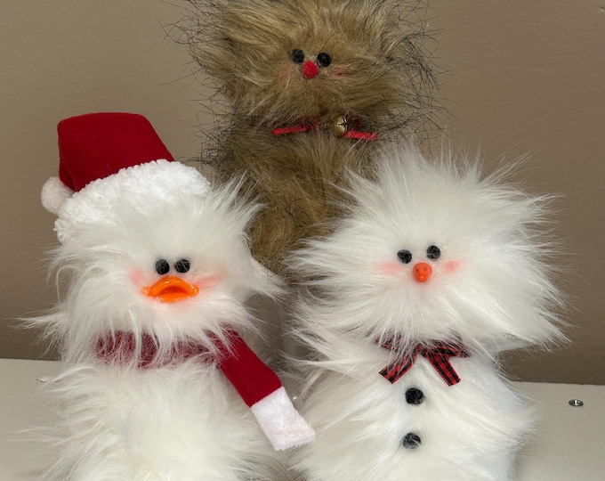 Frazzled REINDEER SANTA SNOWMAN Faux Fur Frosty Rudolph Santa Duckling  Standing Tiered Tray Decor Cute Fuzzy Snowman Christmas Gift Decor