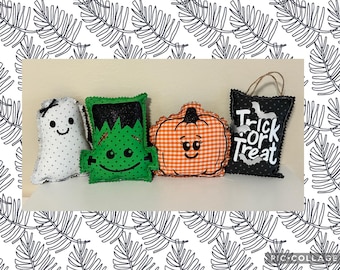 Fall Decor Pillow Leaners - Tiered Tray Decor - 5" Bowl Fillers - Mini Pillows - Ghost Pumpkin Frankenstein - Trick or Treat Bag - Set of 4