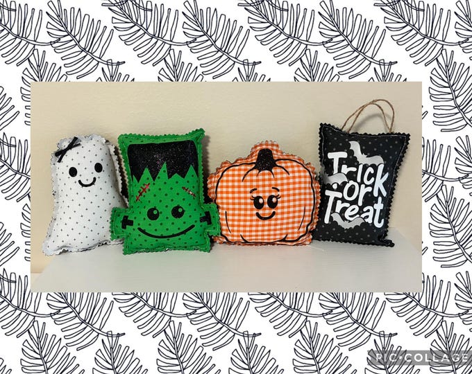 Fall Decor Pillow Leaners - Tiered Tray Decor - 5" Bowl Fillers - Mini Pillows - Ghost Pumpkin Frankenstein - Trick or Treat Bag - Set of 4