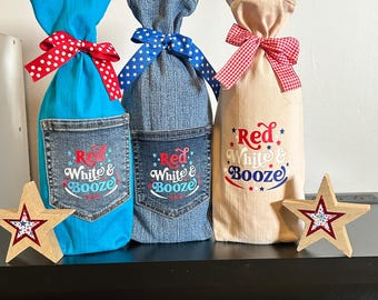 Red White and Booze - Set of Three Wine Bags Made from jeans - Hostess Denim Gift Bags Set of 3 for gifts or Bar Decor Wrap Bottle  Pockets