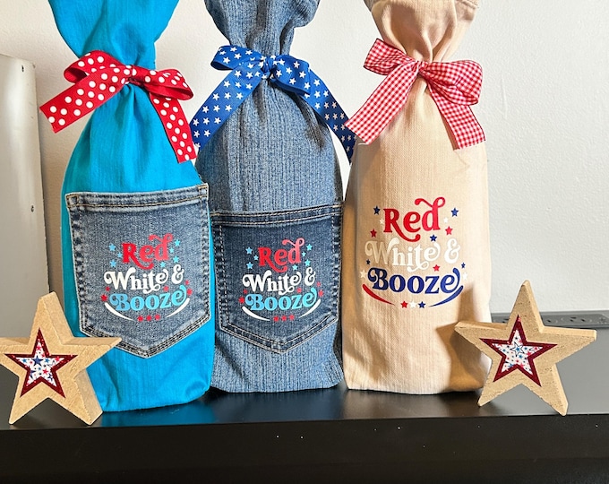Red White and Booze - Set of Three Wine Bags Made from jeans - Hostess Denim Gift Bags Set of 3 for gifts or Bar Decor Wrap Bottle  Pockets