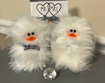 Bride and Groom Ducks Wedding Ducklings Bride and Groom Frazzled couple Option with wood Mr and Mrs Sign for Bridal Gift Shower Gift decor