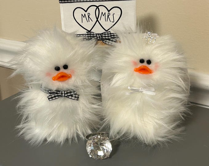 Bride and Groom Ducks Wedding Ducklings Bride and Groom Frazzled couple Option with wood Mr and Mrs Sign for Bridal Gift Shower Gift decor