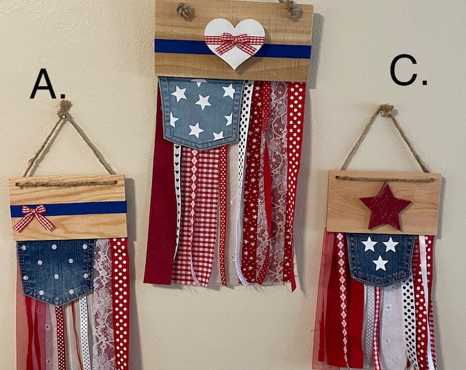 American Rag Flag Wall Hanging Flag Rag Fabric Ribbon Memorial Day July 4th Veteran's Day Stars and Stripes Patriotic Decor Red White Blue