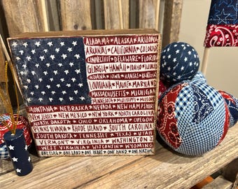 American Flag Wood Sign for tiered tray - 50 States - America 250 Memorial Day July 4th Stars & Stripes Patriotic Decor Red White Blue