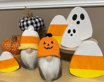 Gnome with knitted hat fall tiered tray decor mug hat handmade Candy Corn Or Pumpkin Farmhouse Style Halloween Jack o Lantern seasonal decor
