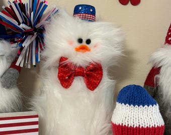 Frazzled DUCK Patriotic Decor 9.5" White Faux Fur Duck Summer Red Bow Tie Red White and Blue Hat Stars and Stripes Duck with Hat July 4th