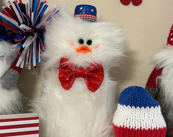 Frazzled DUCK Patriotic Decor 9.5" White Faux Fur Duck Summer Red Bow Tie Red White and Blue Hat Stars and Stripes Duck with Hat July 4th