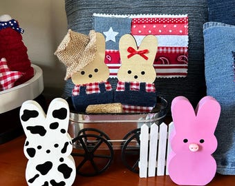 Farmer and His Wife Wood Bunnies - Farm Couple - Tiered Tray Decor Bunny Pig and Cow Bunny Fun Peep Peeps wood cutouts for home decor