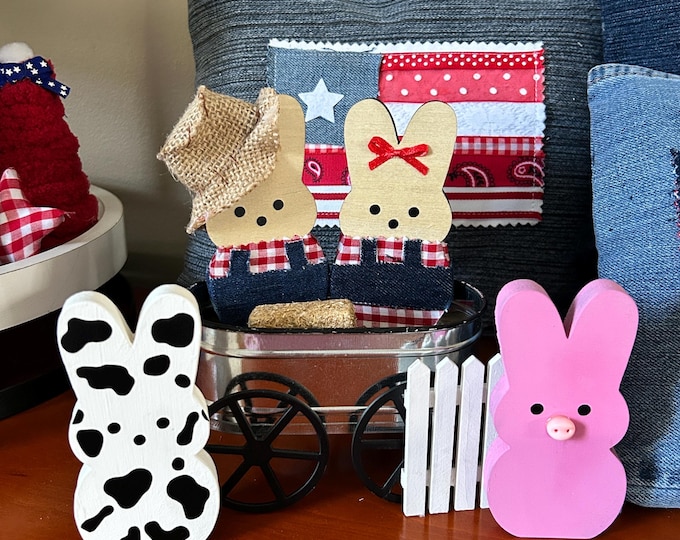 Farmer and His Wife Wood Bunnies - Farm Couple - Tiered Tray Decor Bunny Pig and Cow Bunny Fun Peep Peeps wood cutouts for home decor