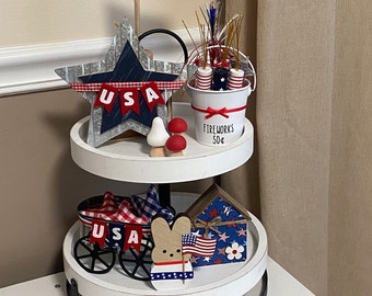July 4th Patriotic Tiered Tray Set - 9 piece Starter Set For Tray Decor - Red White and Blue - Stars and Stripes - Wood House - USA Wagon +