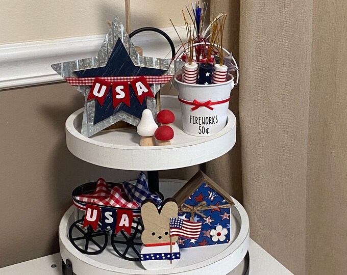July 4th Patriotic Tiered Tray Set - 9 piece Starter Set For Tray Decor - Red White and Blue - Stars and Stripes - Wood House - USA Wagon +