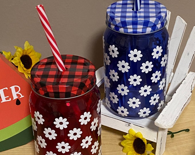 Daisy Glass 16oz Glass Jar Drink with Checkered Lid and Stripes Straw Beer Can Glass Mason Jar Customized Flowers Glass Drinkware
