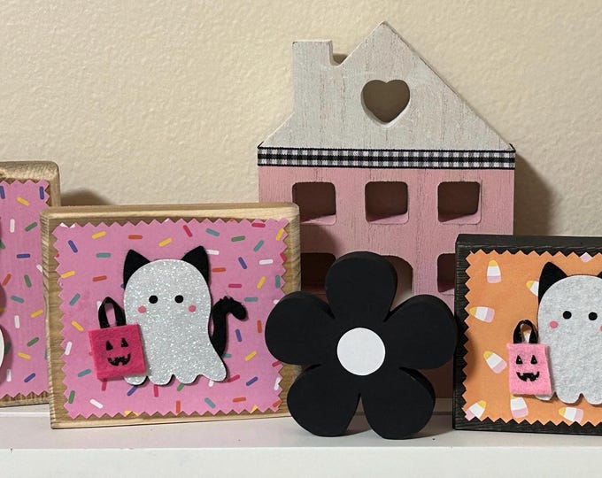 Wood Bunny or Kitty Cat Ghost Wood table sign FALL Halloween tray decor farmhouse style Pink Pumpkin Trick or Treat Sprinkles Candy Corn