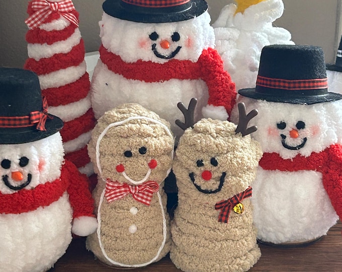 Cute Smiling Snowman Reindeer Gingerbread Man Standing Chunky Yarn Winter Decor Set Frosty Hat holiday gift buffalo checkered Ribbon Scarf